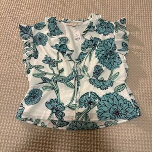 LOFT White and Blue Floral Ruffle Blouse